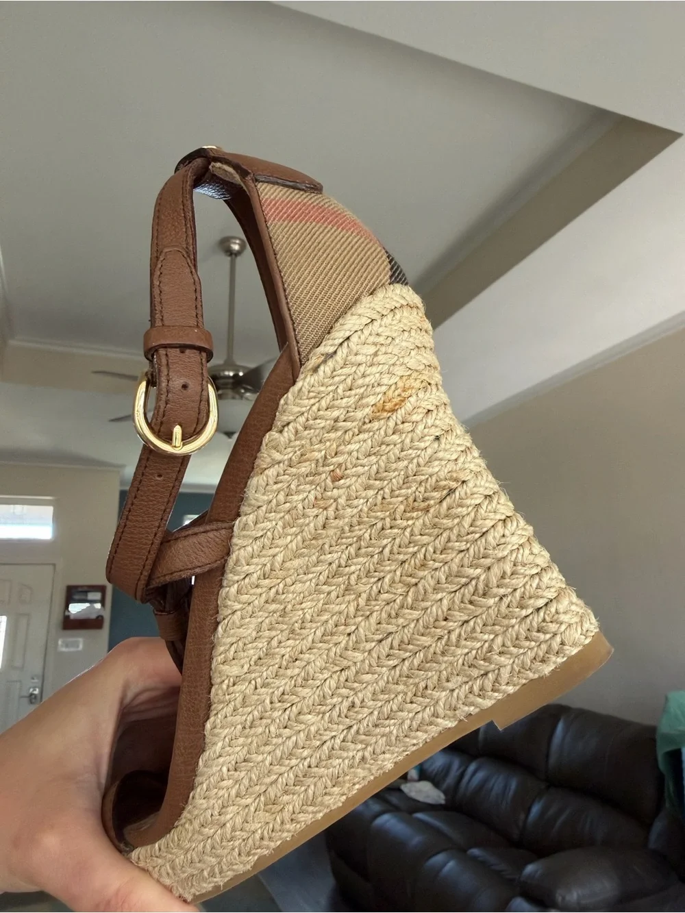 Burberry Brown Leather And Rope Espadrille Wedge Sandals House Check